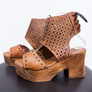 Bed Stu Tan Rustic Brown Leather Mali Platform Perforated Back Tie Sandals 8